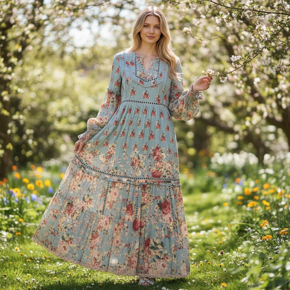 Hemant & Nandita‎ floral cotton long sleeve maxi hippie boho dress KK